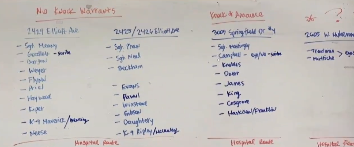 Whiteboard with officers' plans to execute search warrant on Taylor's apartment as a "Knock and Announce"